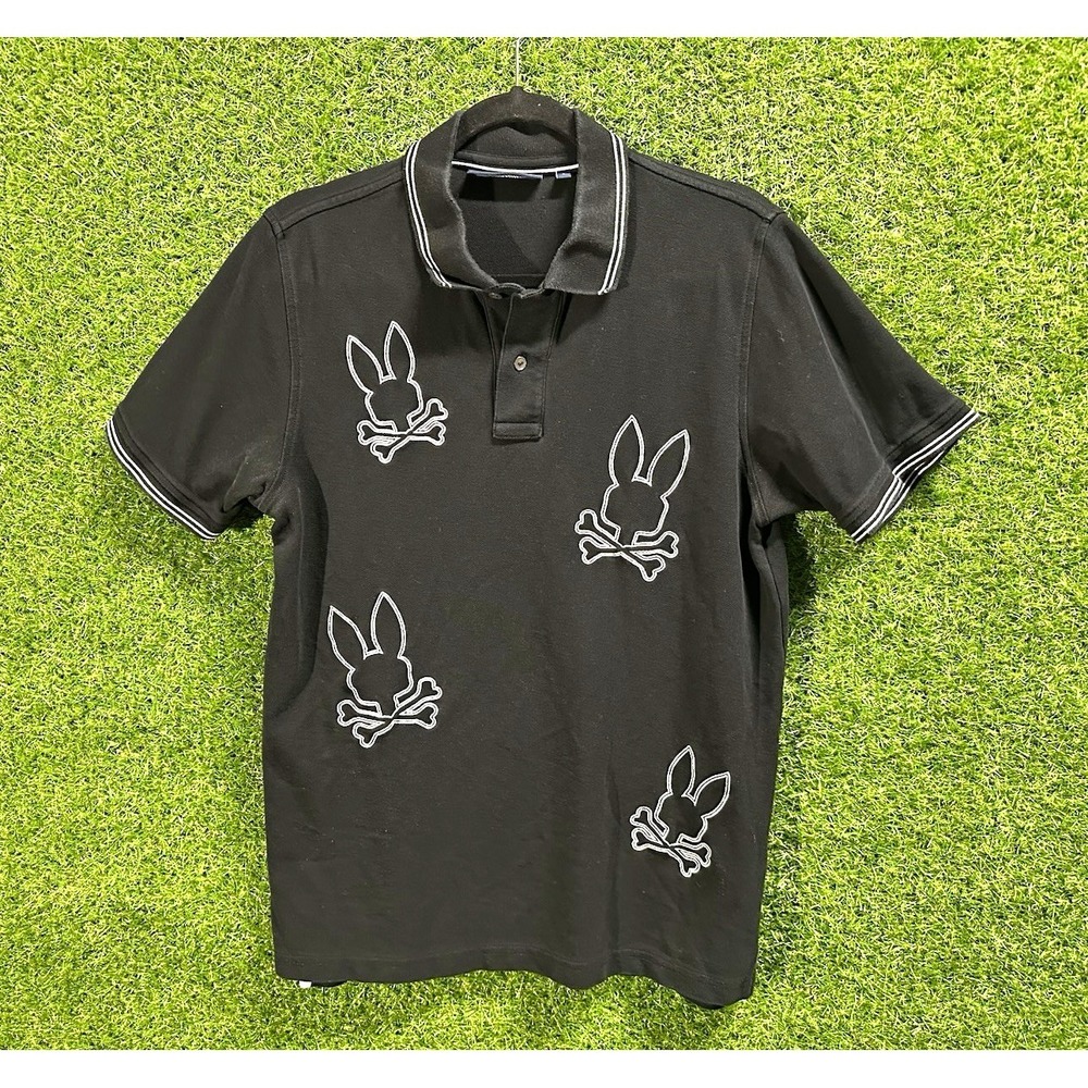 Psycho Bunny Black Cotton Knit Polo Shirt Bunny Graphic Logo Trim Men's M